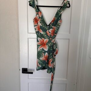 superdown Tropical Floral Mini Dress in Green and Orange